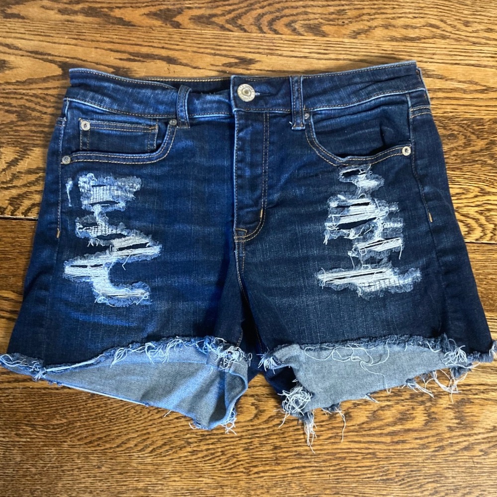 American Eagle Hi-Rise Shortie Distressed Denim Jean Shorts Dark Wash Womens 8
